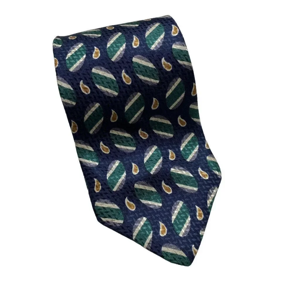 Geoffrey Beene Tie Men's Necktie Silk Navy Blue Geometric Green Gray Made in USA